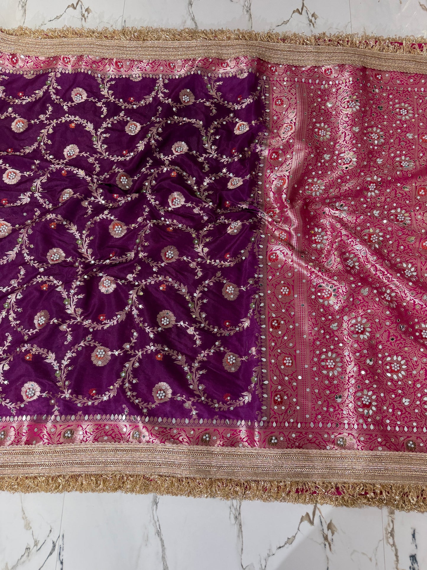 Banarasi Soft Semi Georgette Silk Saree With Mirror And Pearl Work