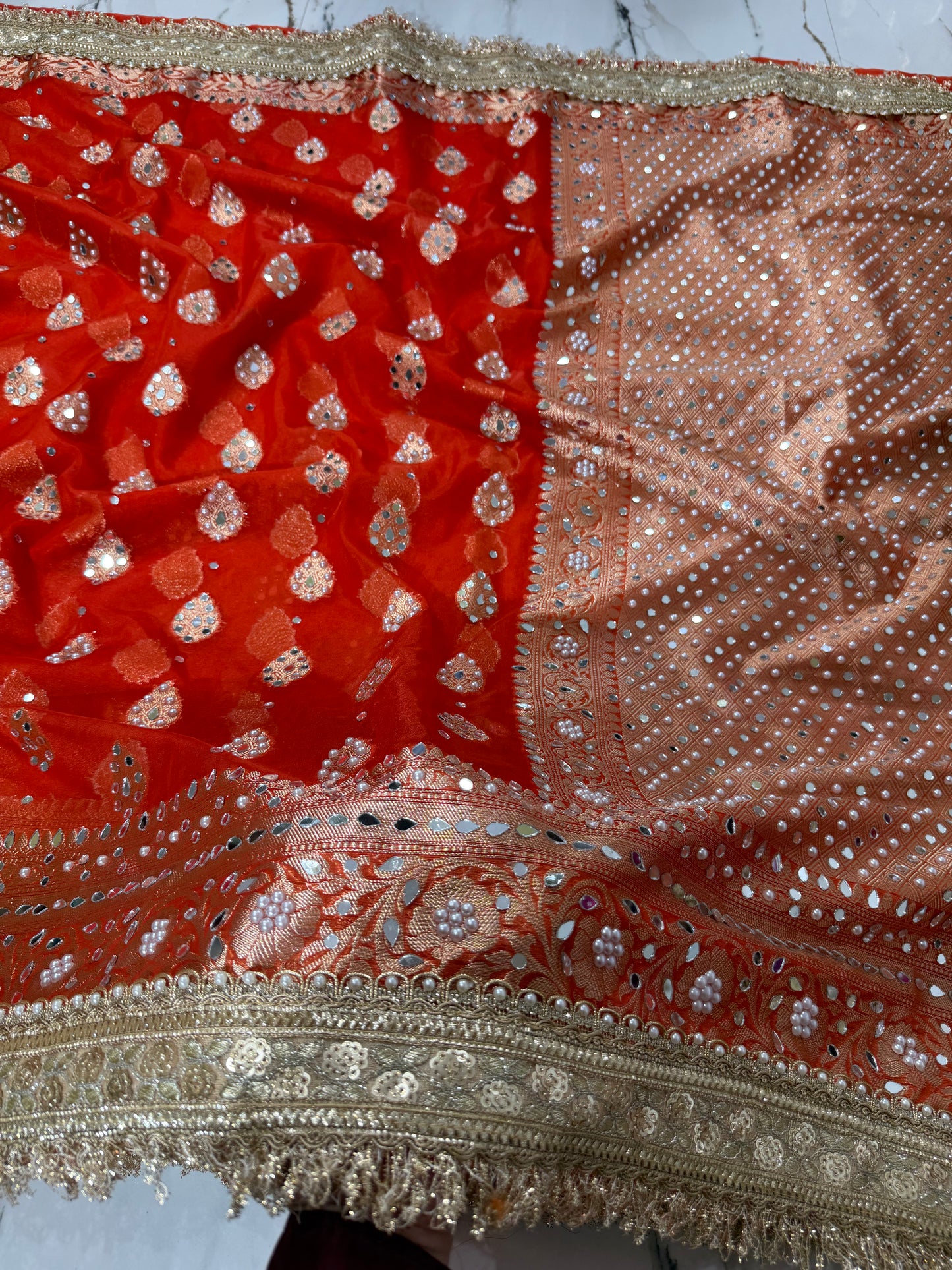 Banarasi Soft Kora Silk Saree With Mirror And Pearl Work