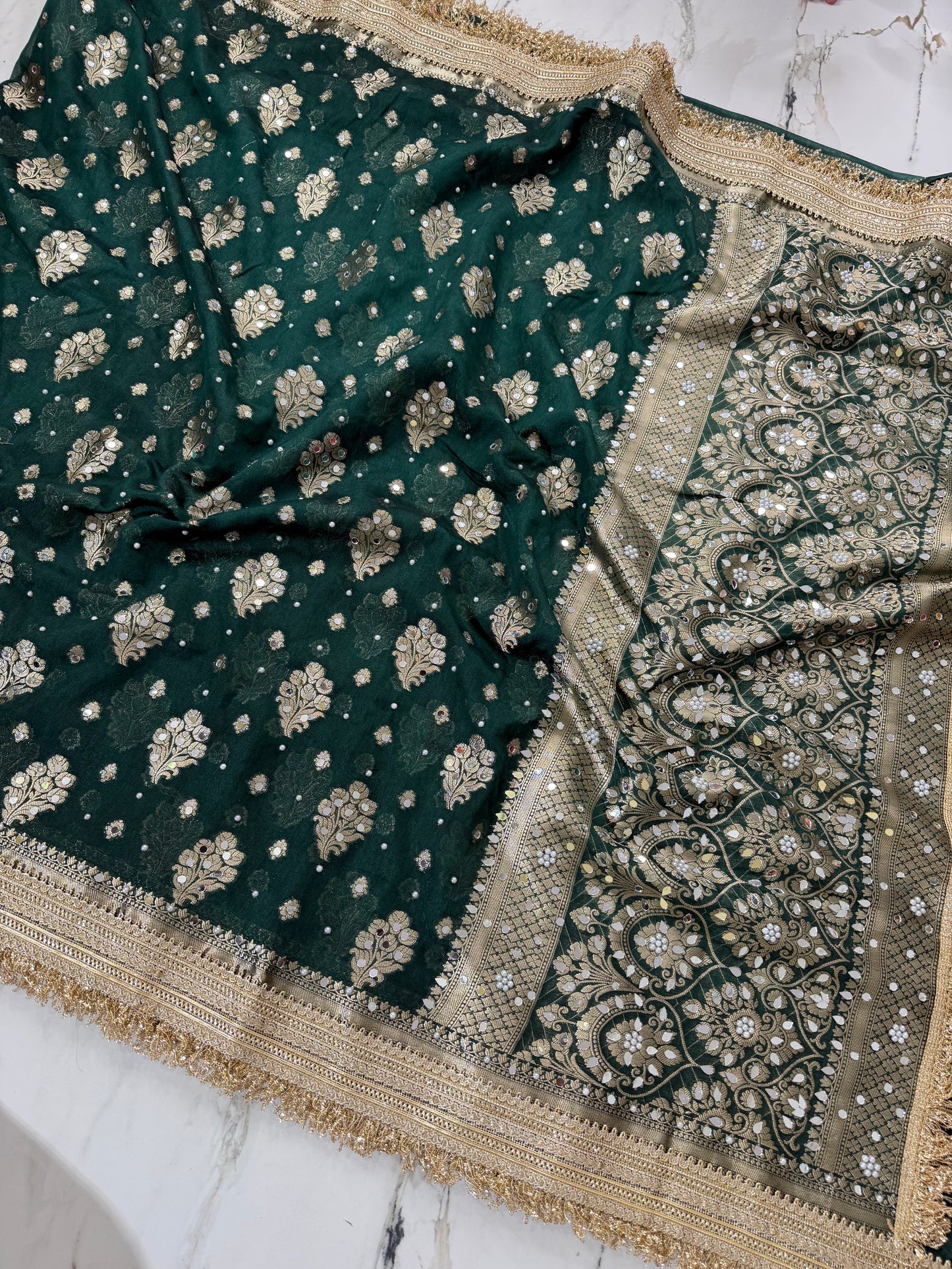 Banarasi Soft Warm Silk Saree With Mirror And Pearl Work