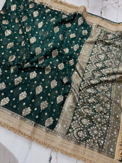 Banarasi Soft Warm Silk Saree With Mirror And Pearl Work