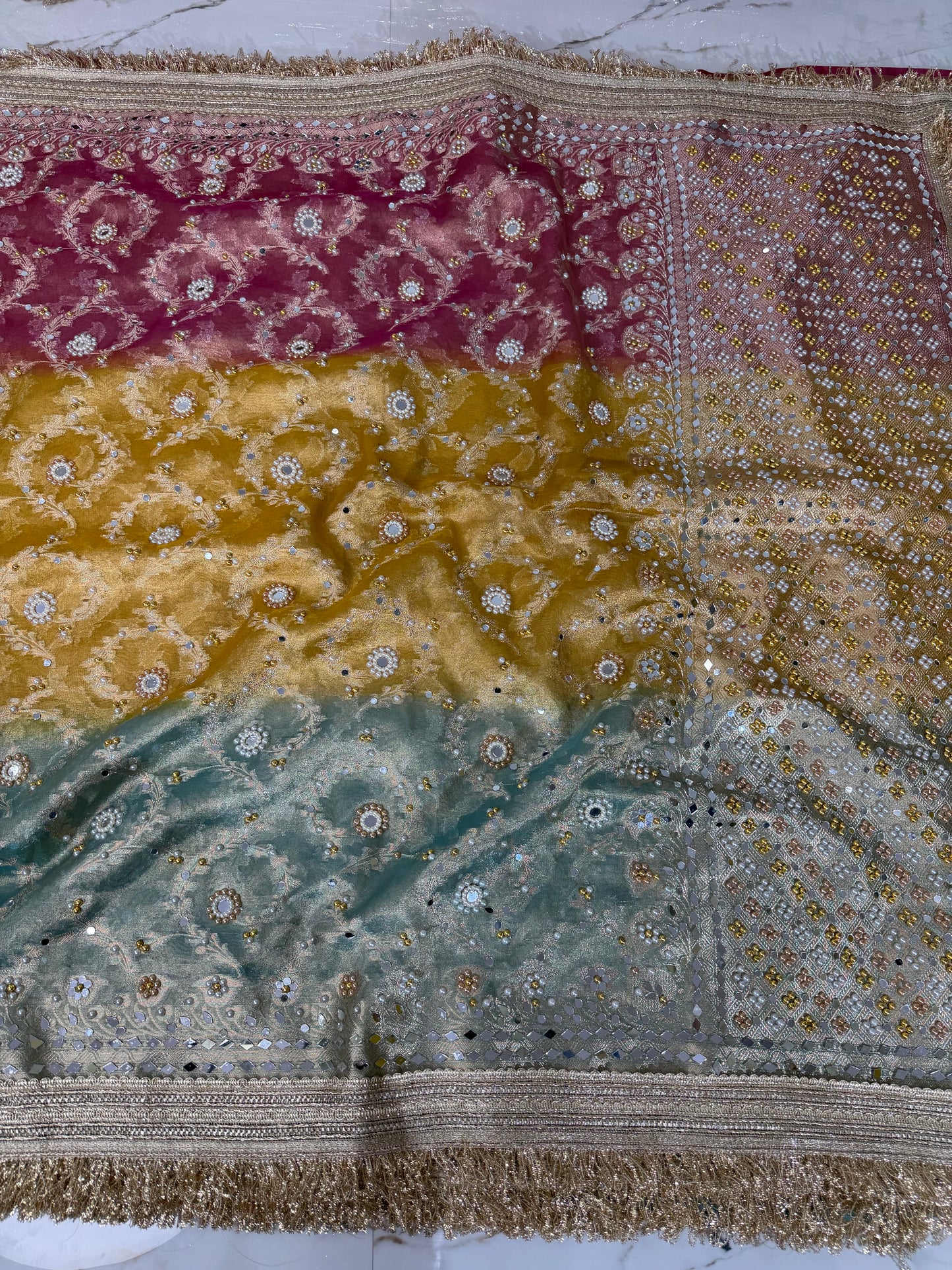 Banarasi Soft Tissue Silk Saree With Mirror And Pearl Work