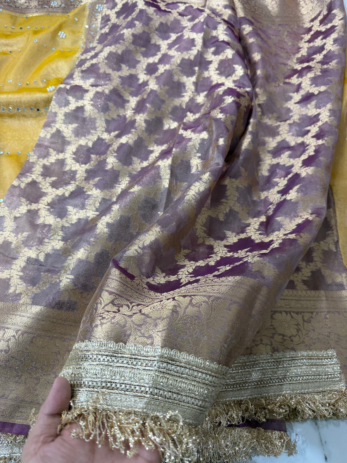 Banarasi Soft Tissue Silk Saree With Mirror And Pearl Work