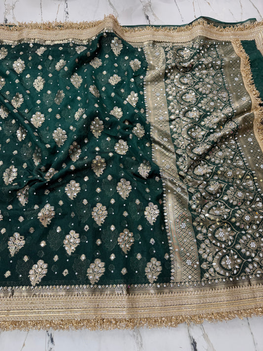 Banarasi Soft Warm Silk Saree With Mirror And Pearl Work