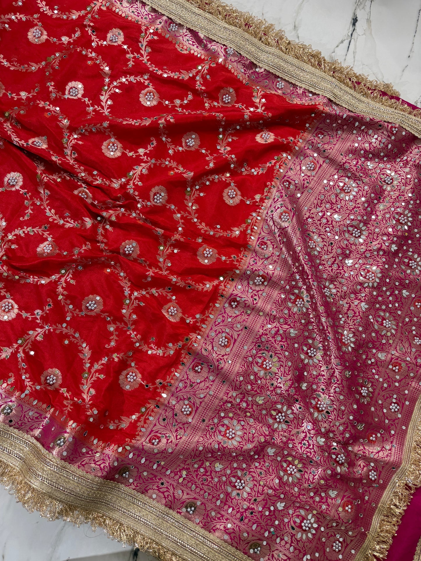 Banarasi Soft Semi Georgette Silk Saree With Mirror And Pearl Work