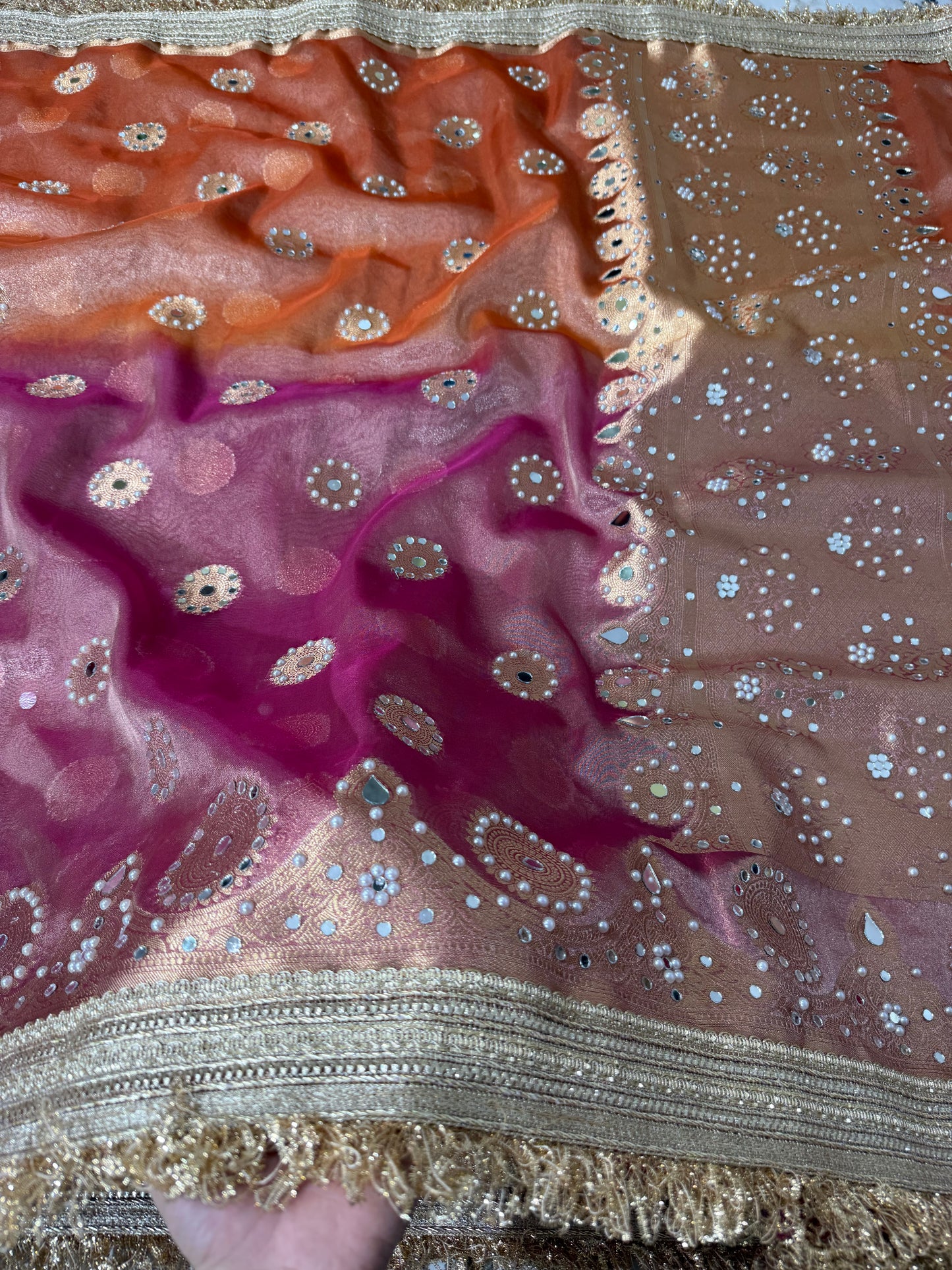 Banarasi Soft Tissue Silk Saree With Mirror And Pearl Work