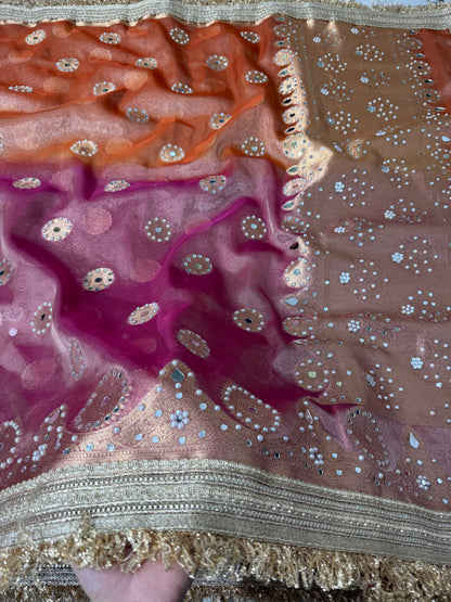 Banarasi Soft Tissue Silk Saree With Mirror And Pearl Work