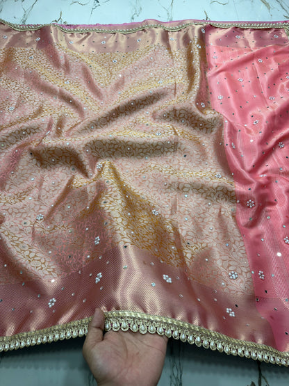 Banarasi Soft Tissue Silk Saree With Mirror Work and Peral Work