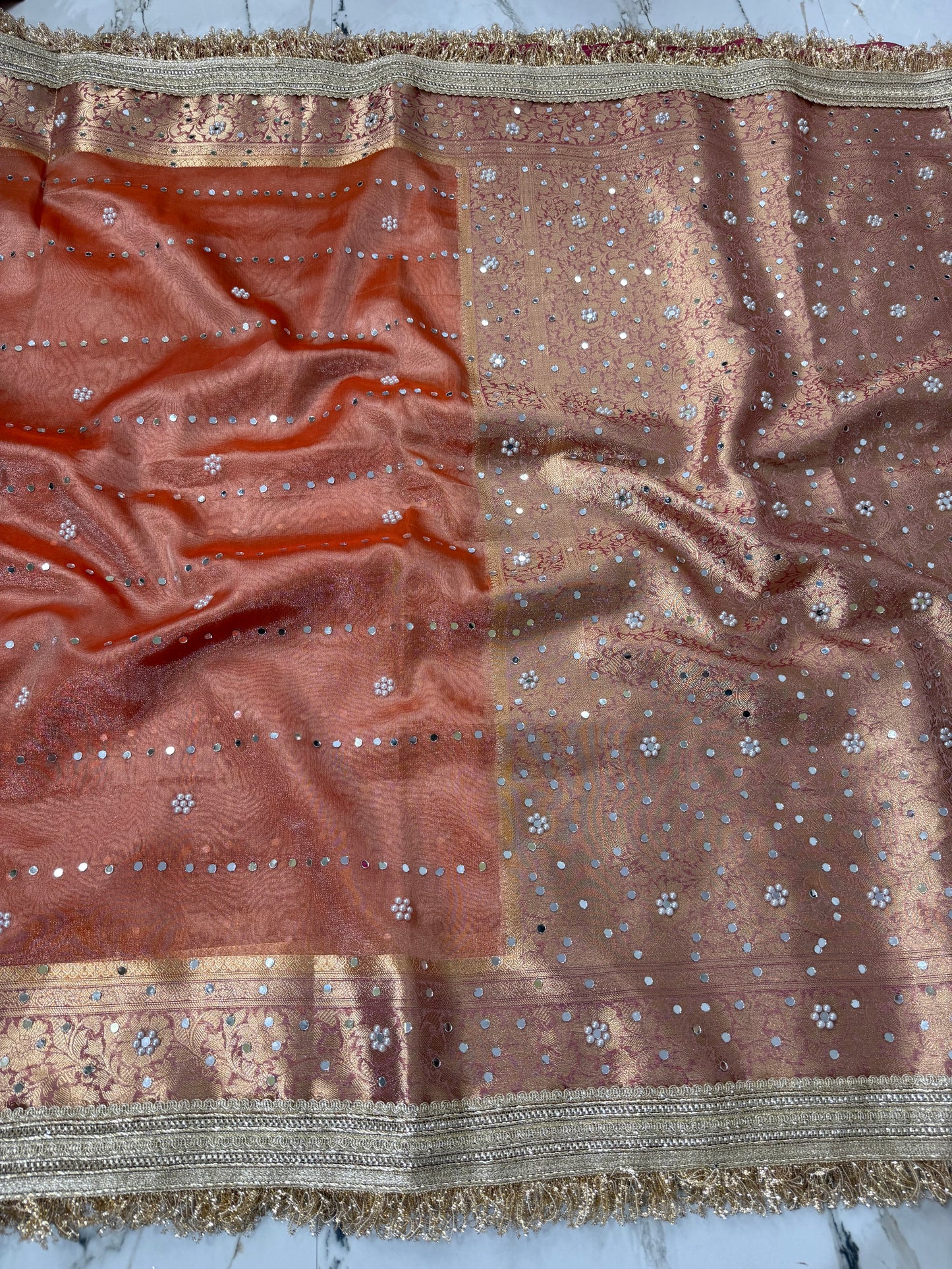 Banarasi Soft Tissue Silk Saree With Mirror And Pearl Work
