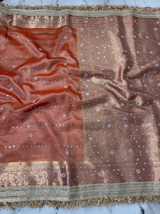 Banarasi Soft Tissue Silk Saree With Mirror And Pearl Work