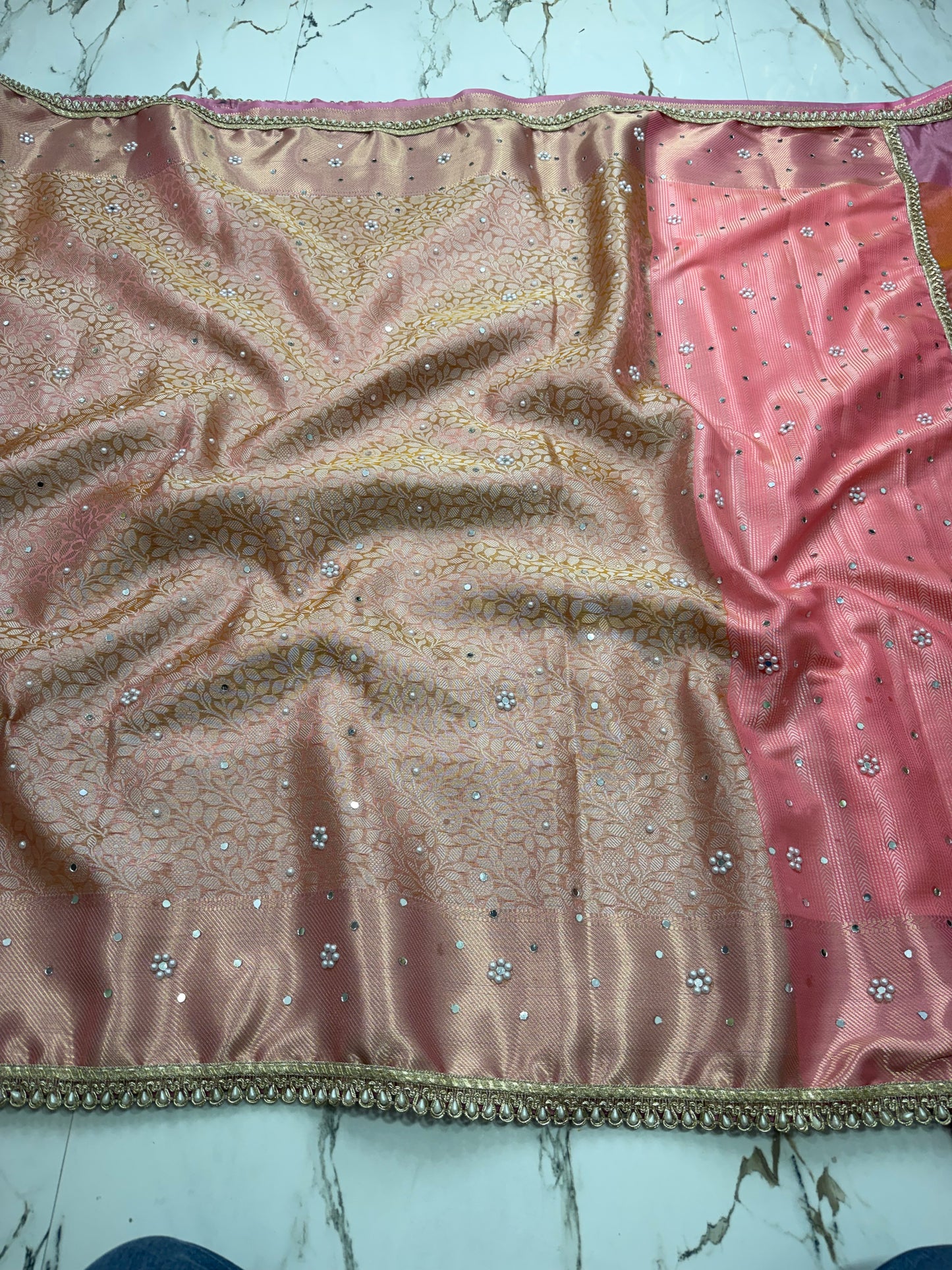 Banarasi Soft Tissue Silk Saree With Mirror Work and Peral Work
