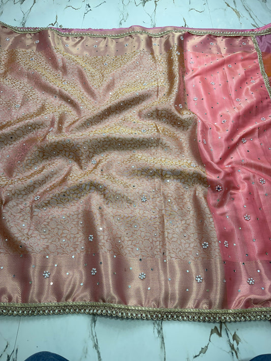 Banarasi Soft Tissue Silk Saree With Mirror Work and Peral Work