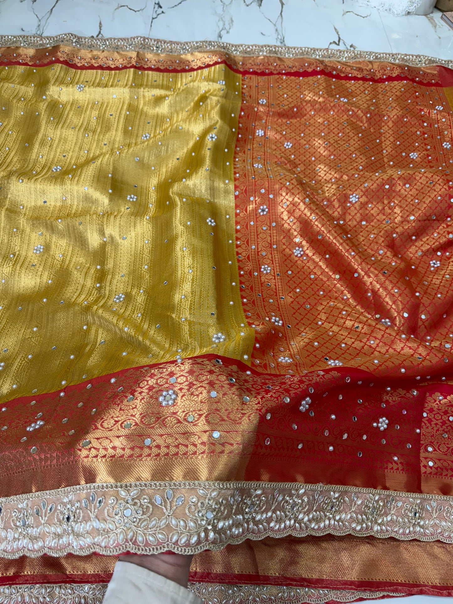 Banarasi Soft Tissue Silk Saree With Mirror And Pearl Work