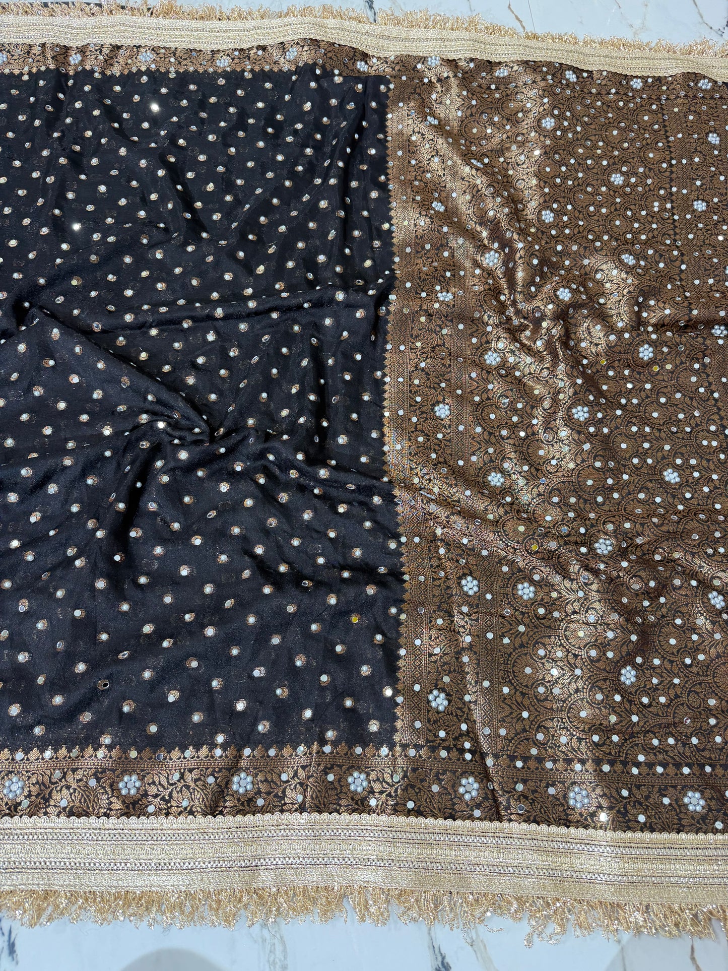 Banarasi Soft Warm Silk Saree With Mirror And Pearl Work