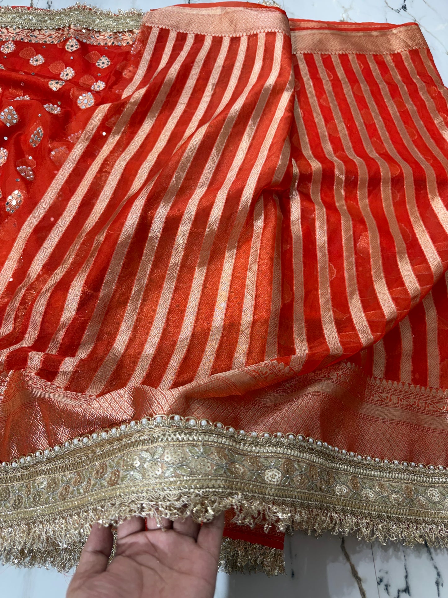 Banarasi Soft Kora Silk Saree With Mirror And Pearl Work