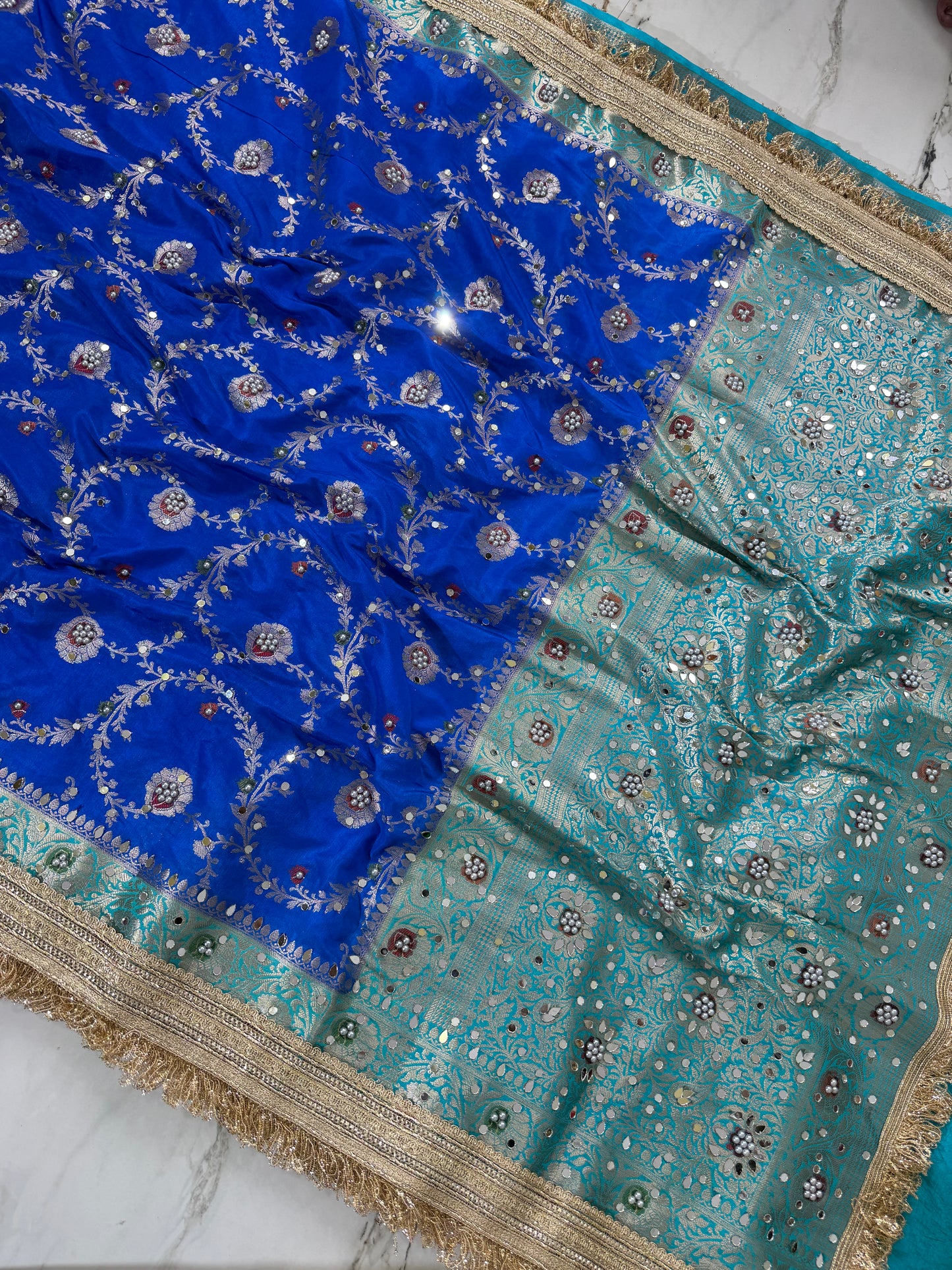 Banarasi Soft Semi Georgette Silk Saree With Mirror And Pearl Work