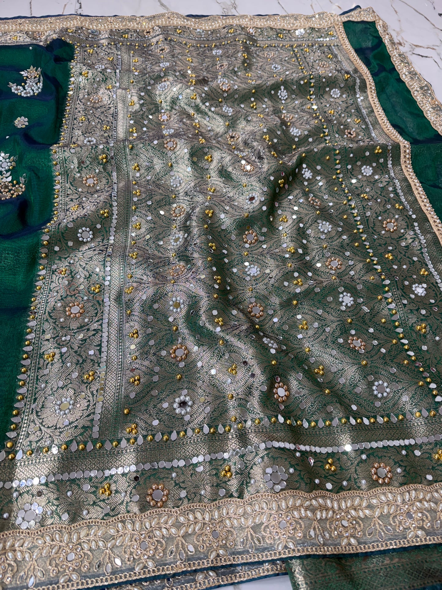 Banarasi Soft Tissue Silk Saree With Mirror And Pearl Work