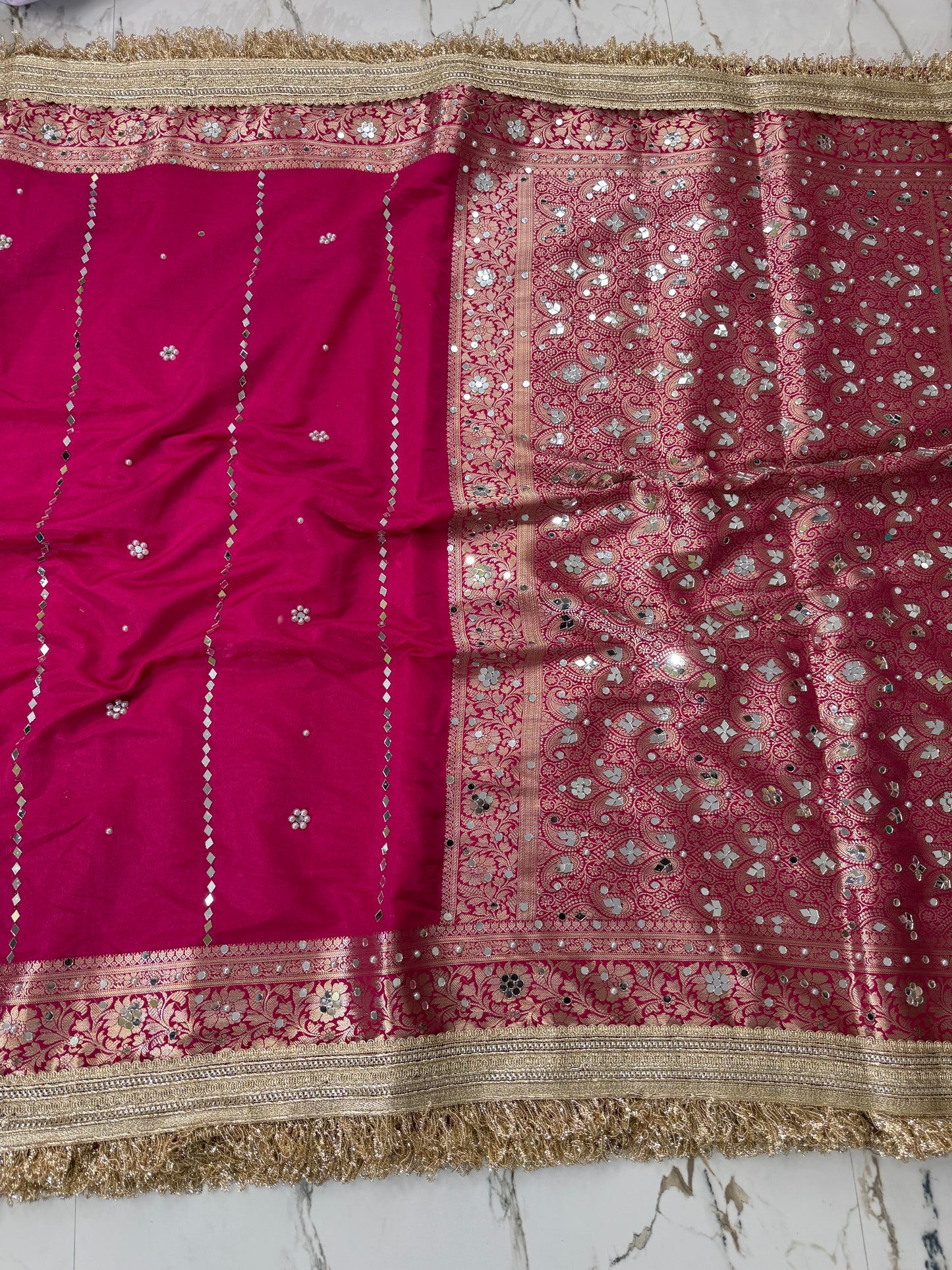 Banarasi Soft Warm Silk Saree With Mirror And Pearl Work