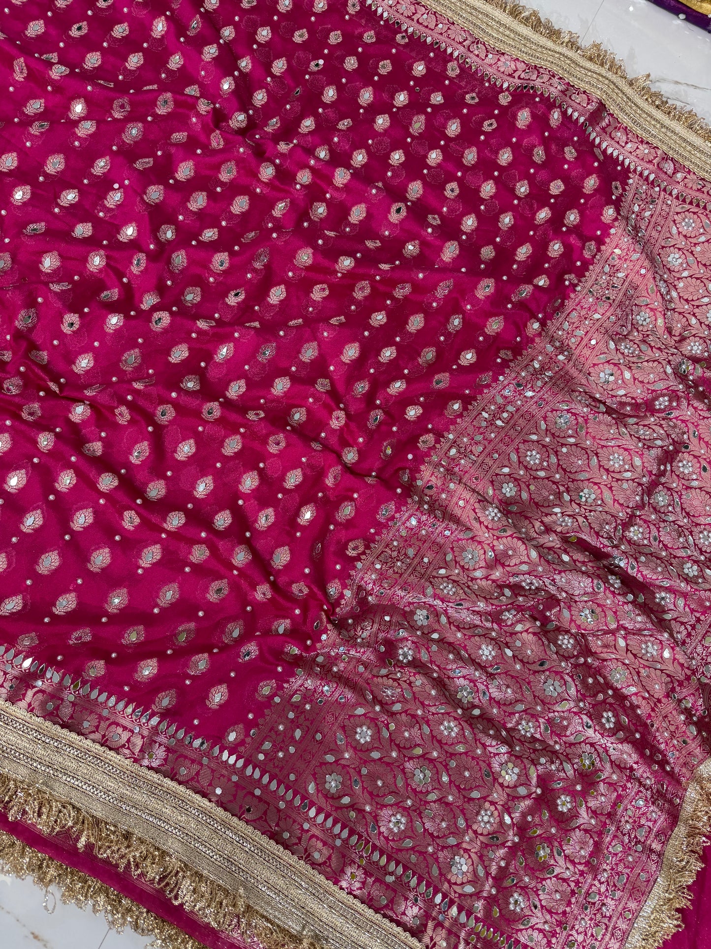 Banarasi Soft Georgette Silk Saree With Mirror And Pearl Work
