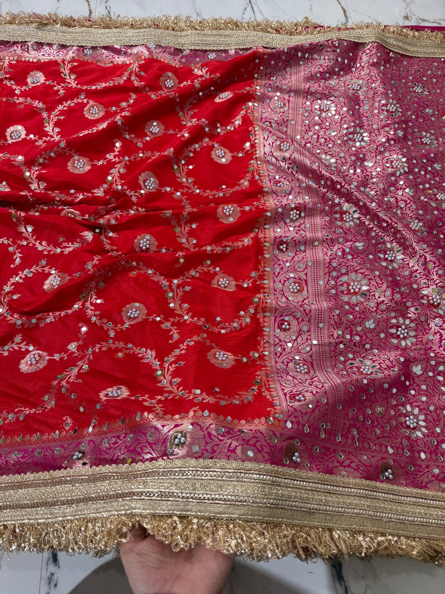 Banarasi Soft Semi Georgette Silk Saree With Mirror And Pearl Work