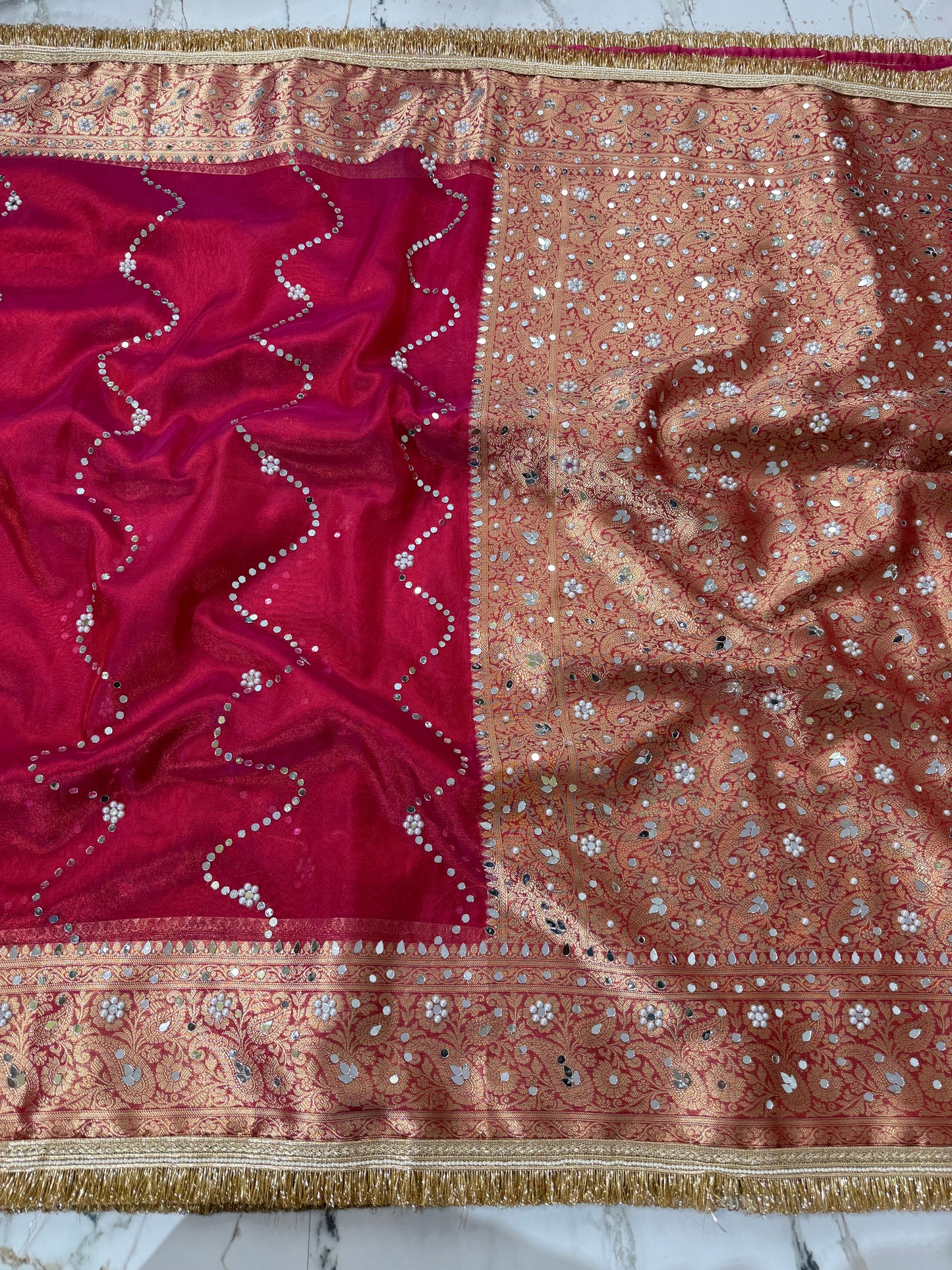 Banarasi Soft Tissue Silk Saree With Mirror And Pearl Work