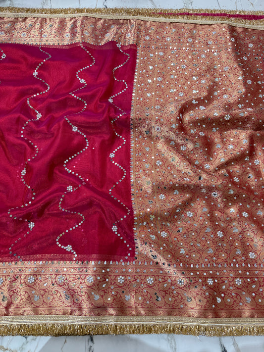 Banarasi Soft Tissue Silk Saree With Mirror And Pearl Work