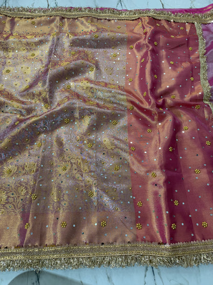 Banarasi Soft Tissue Silk Saree With Mirror And Pearl Work