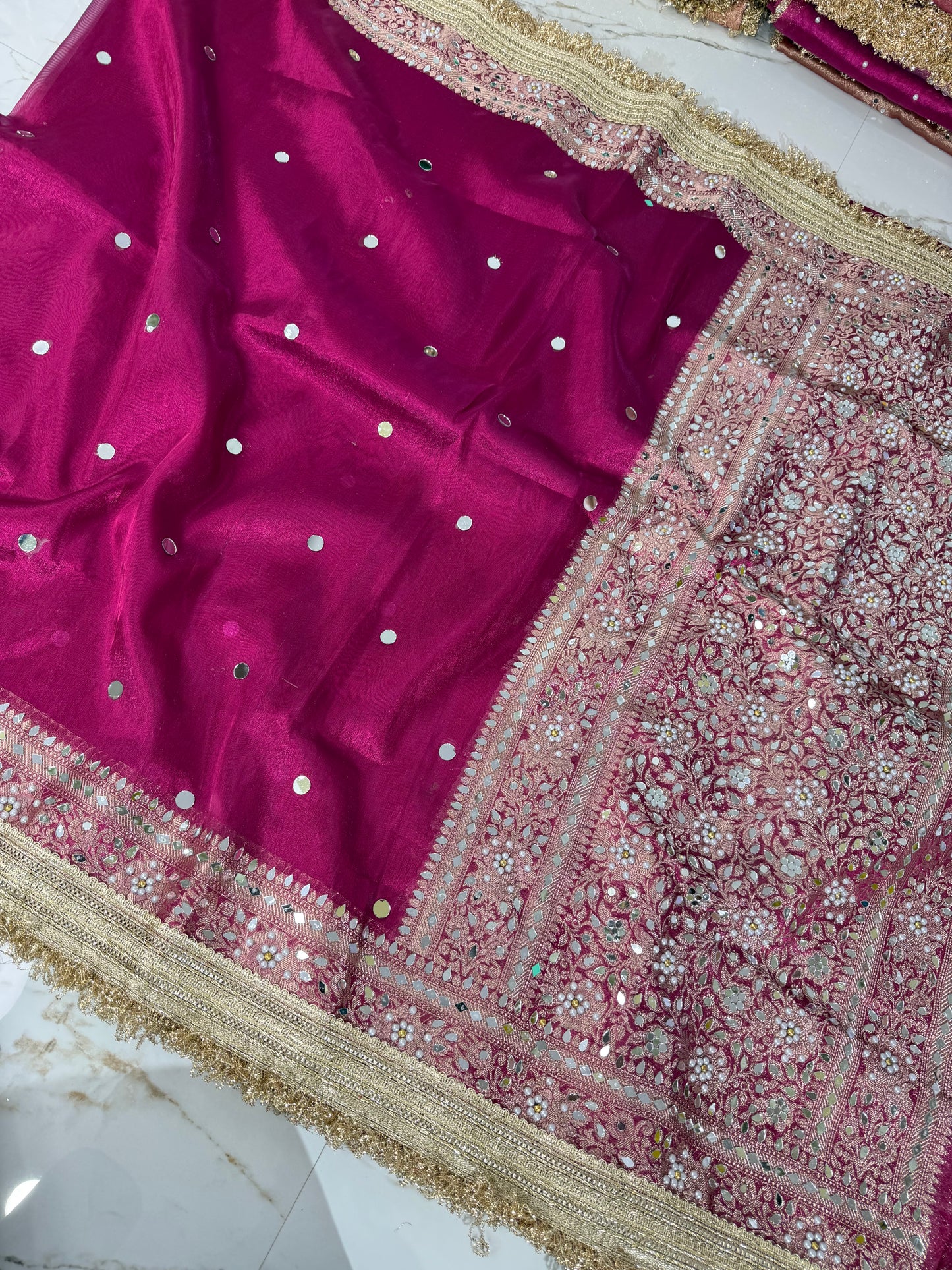 Banarasi Soft Tissue Silk Saree With Mirror And Pearl Work