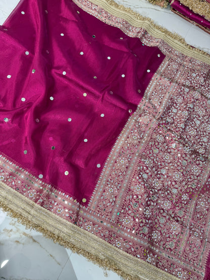 Banarasi Soft Tissue Silk Saree With Mirror And Pearl Work