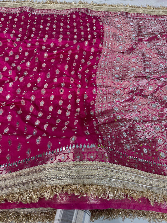 Banarasi Soft Georgette Silk Saree With Mirror And Pearl Work