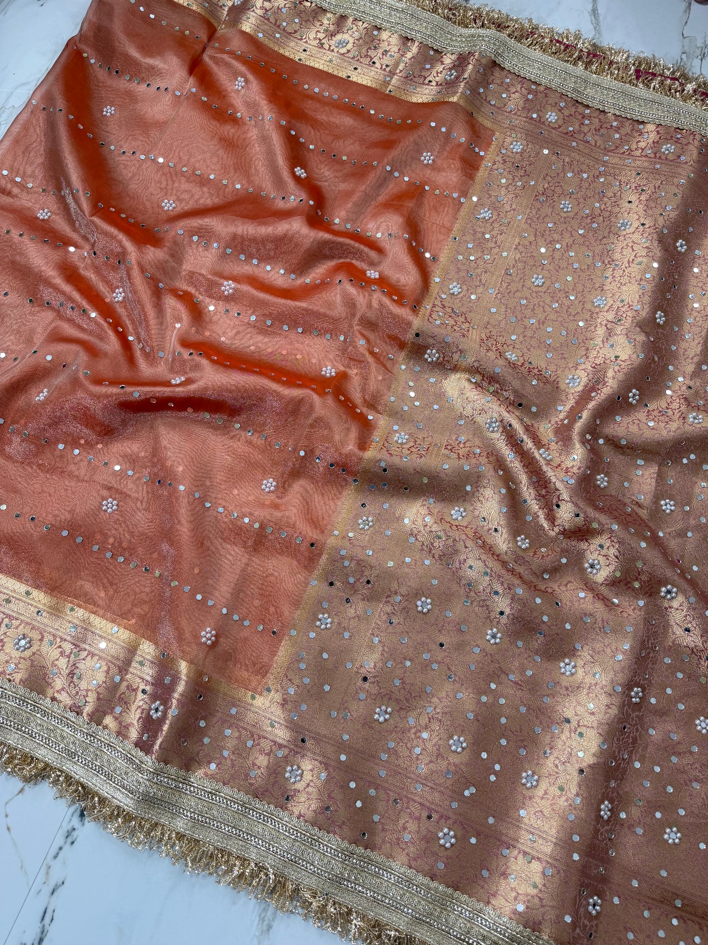 Banarasi Soft Tissue Silk Saree With Mirror And Pearl Work