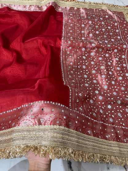 Banarasi Soft Tissue Silk Saree With Mirror And Pearl Work