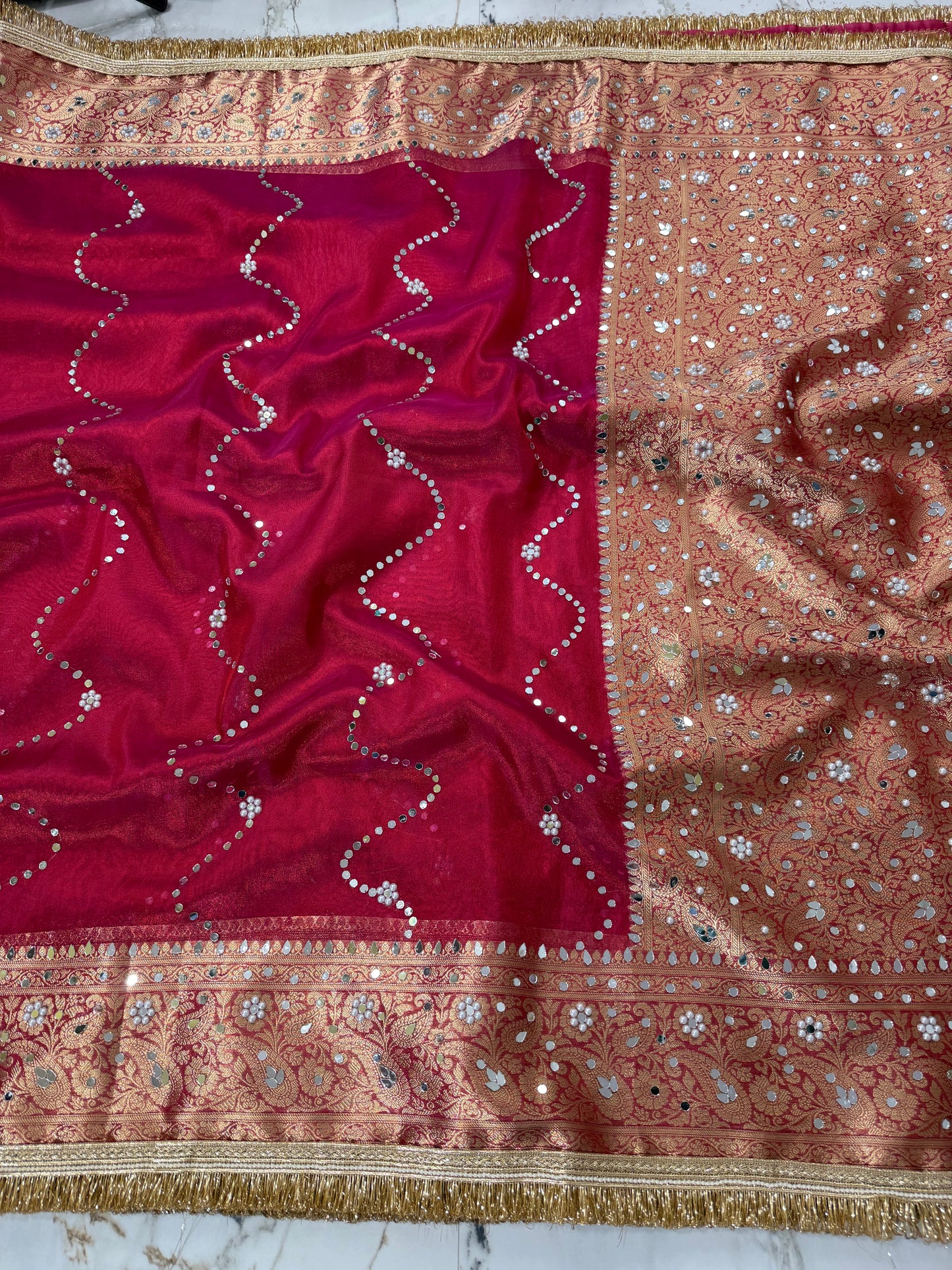Banarasi Soft Tissue Silk Saree With Mirror And Pearl Work