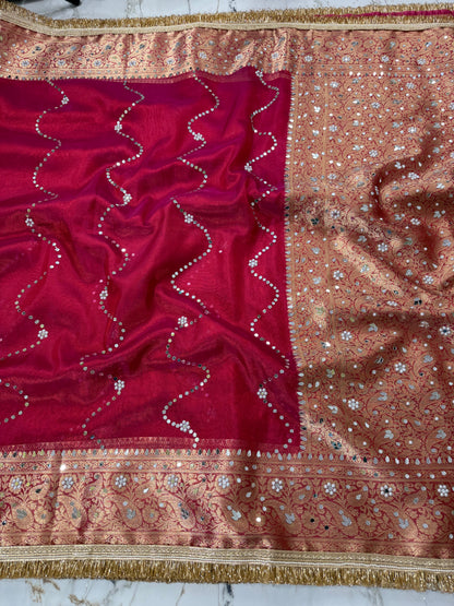 Banarasi Soft Tissue Silk Saree With Mirror And Pearl Work
