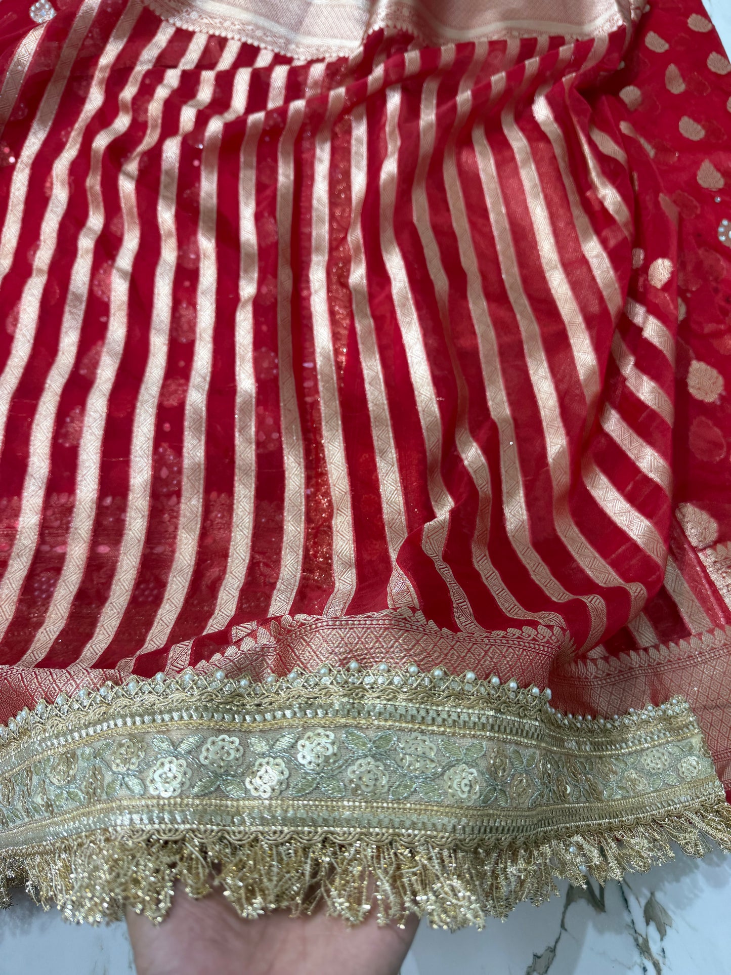 Banarasi Soft Kora Silk Saree With Mirror And Pearl Work