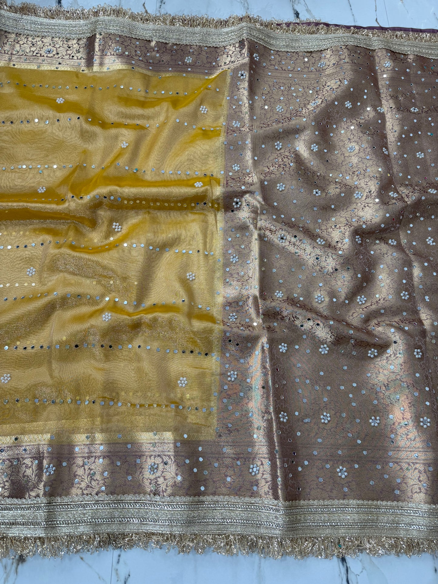 Banarasi Soft Tissue Silk Saree With Mirror And Pearl Work
