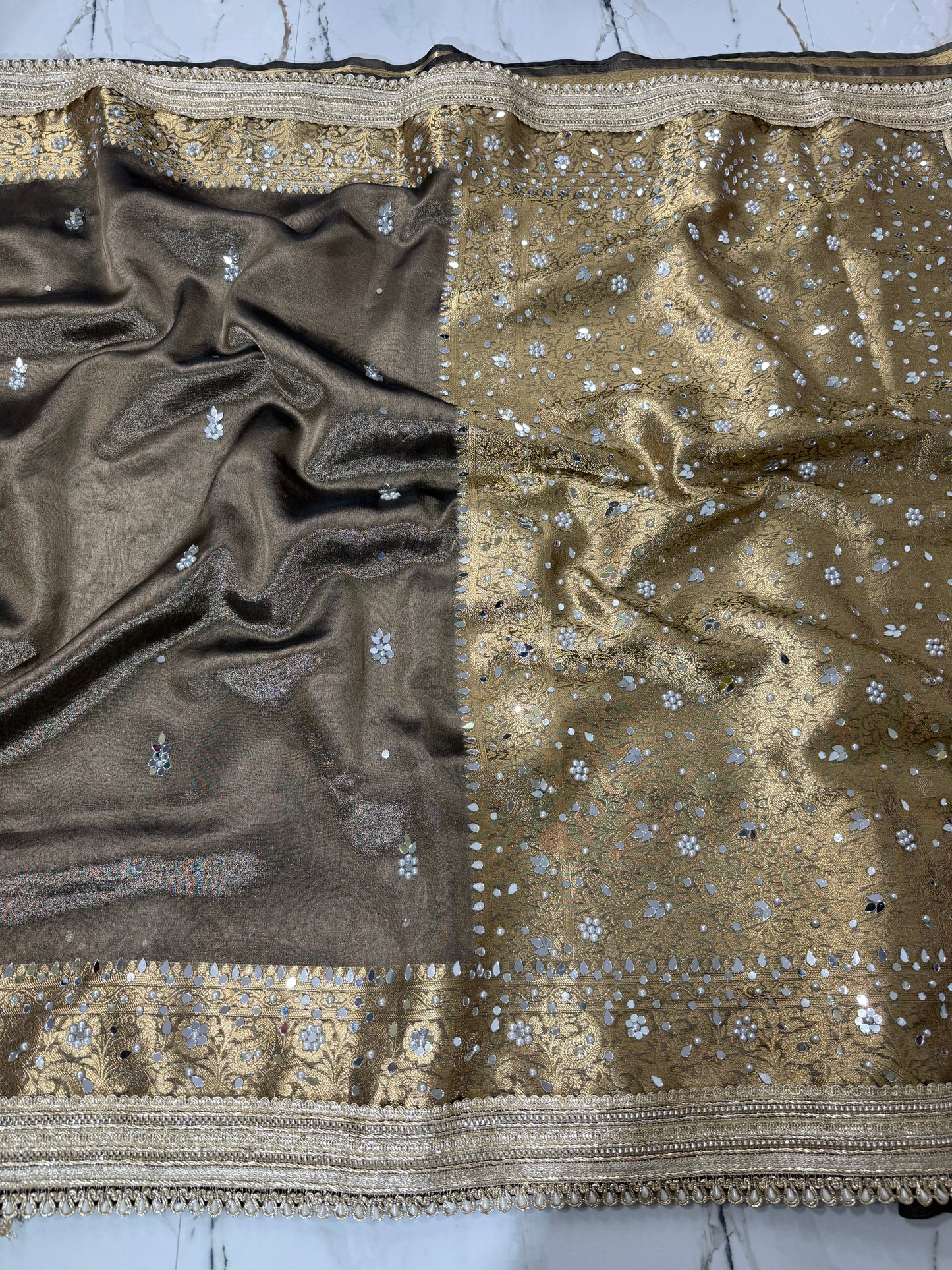 Banarasi Soft Tissue Silk Saree With Mirror And Pearl Work