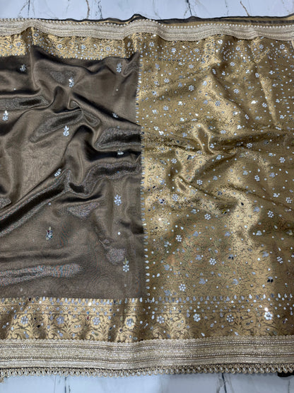 Banarasi Soft Tissue Silk Saree With Mirror And Pearl Work