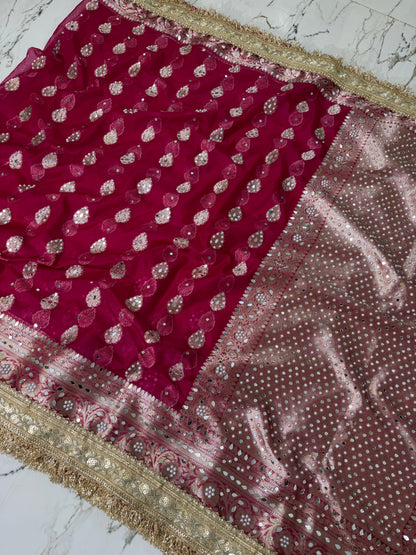 Banarasi Soft Kora Silk Saree With Mirror And Pearl Work