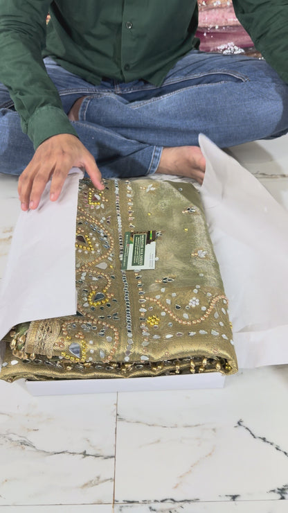 Banarasi Soft Tissue Silk Saree With Mirror And Pearl Work
