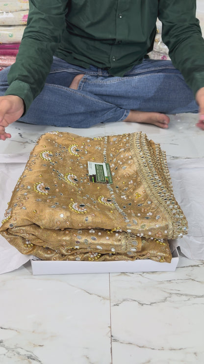 Banarasi Soft Tissue Silk Saree With Mirror And Pearl Work