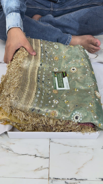 Banarasi Soft Tissue Silk Saree With Mirror And Pearl Work