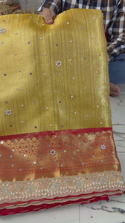 Banarasi Soft Tissue Silk Saree With Mirror And Pearl Work